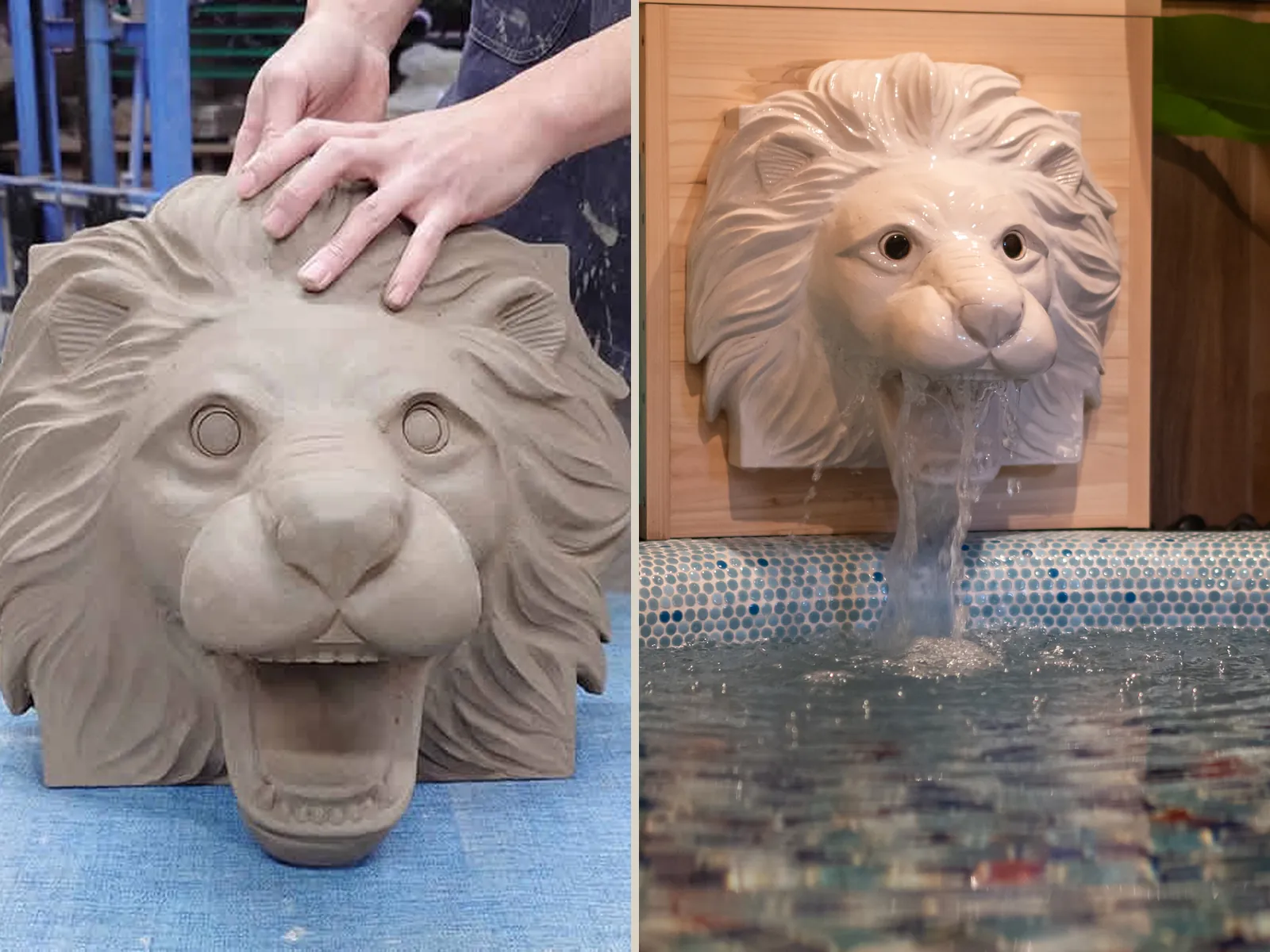 制作中の獅子の湯口。粘土から形づくられたところと、湯が流れる完成した姿の2枚